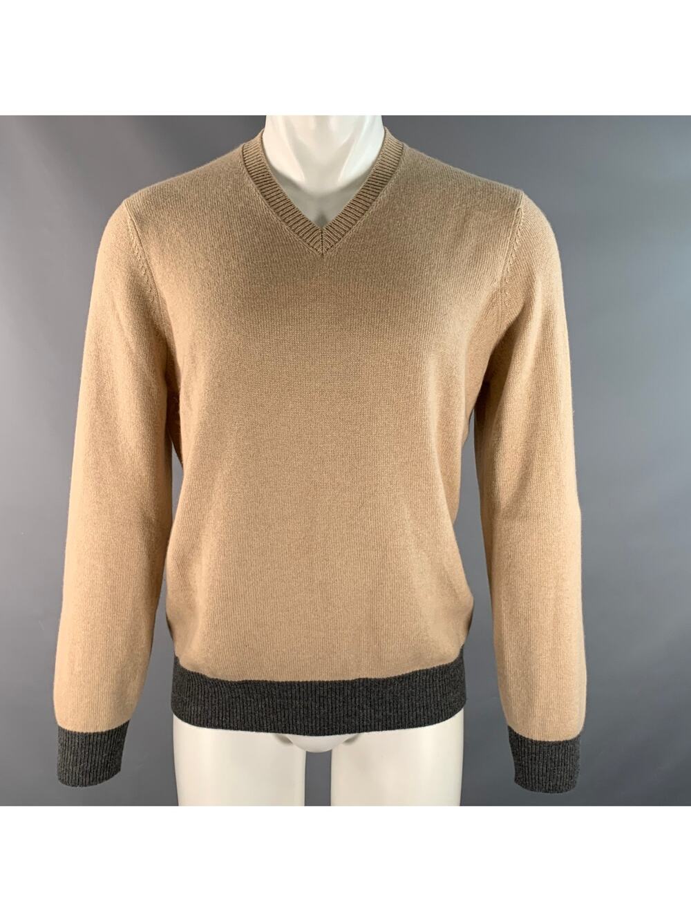 BRUNELLO CUCINELLI Size M Khaki Grey Color Block Cashmere V-Neck Pullover